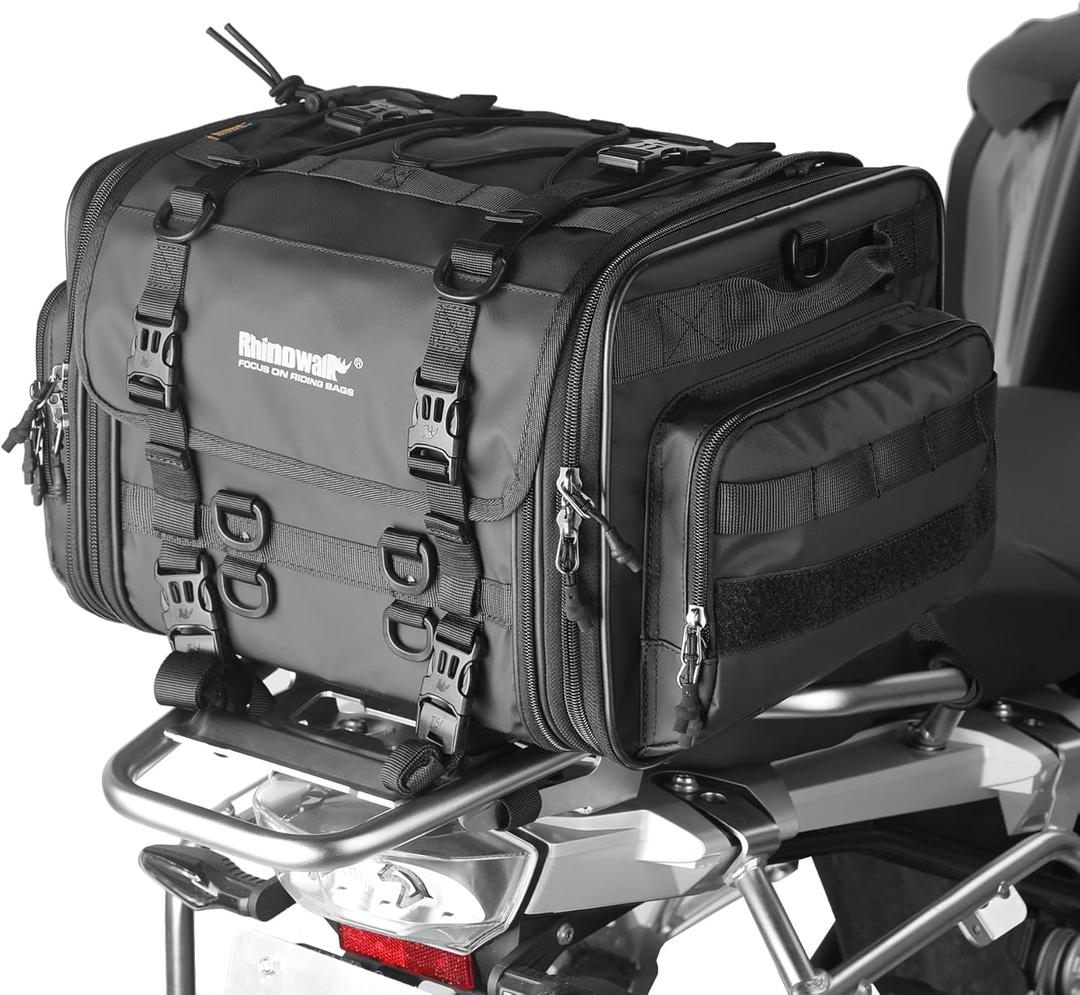 Rhinowalk Motorcycle Tail Bag Expandable Motorcycle Travel Luggage 80L Waterproof All Weather/Trunk/Rack Bag with Sissy Bar Straps-Black