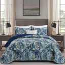 DJY Navy Gold Paisley Quilt Set California King Size - Boho Bedspread Coverlet Set 3 Pieces, Soft Lightweight Microfiber Navy Blue Paisley Floral Pattern Bedding for All Season, 112"x96"