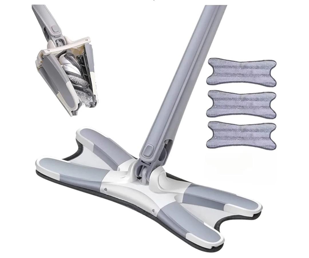 X Type Flat Floor Mop With 3 Replacement Pads, Easy Squeeze Self-Wringing, Hand-Free Wash Household (Creative X Mop)