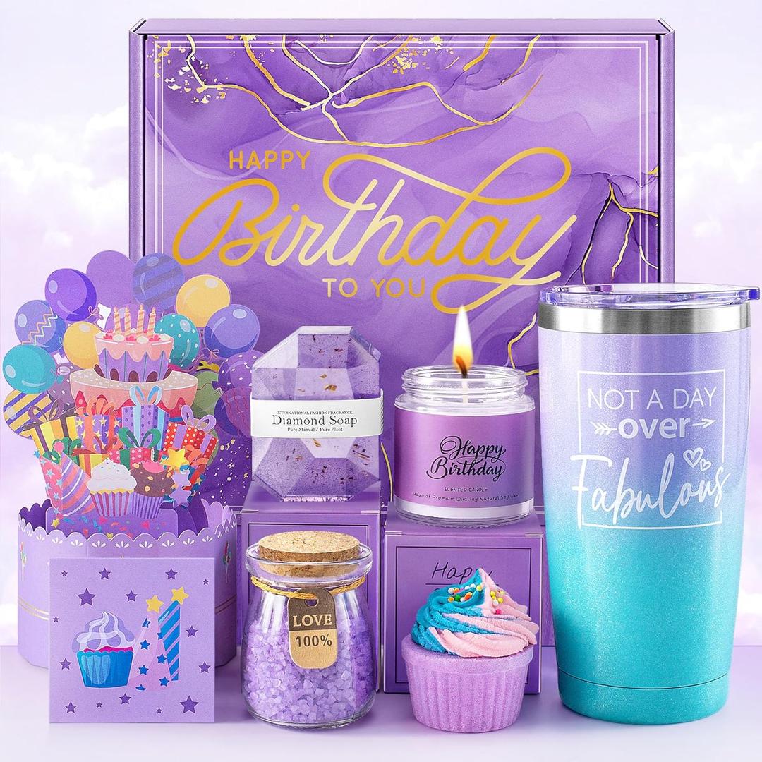 Birthday Gifts for Women, Happy Birthday Bath Set Gift Basket, Unique Spa Gift Idea for Mom, Sister, Bestie, Her, Wife, Female Friends, 30th, 50th, 60th, Gifts for Women Who Have Everything (Purple)