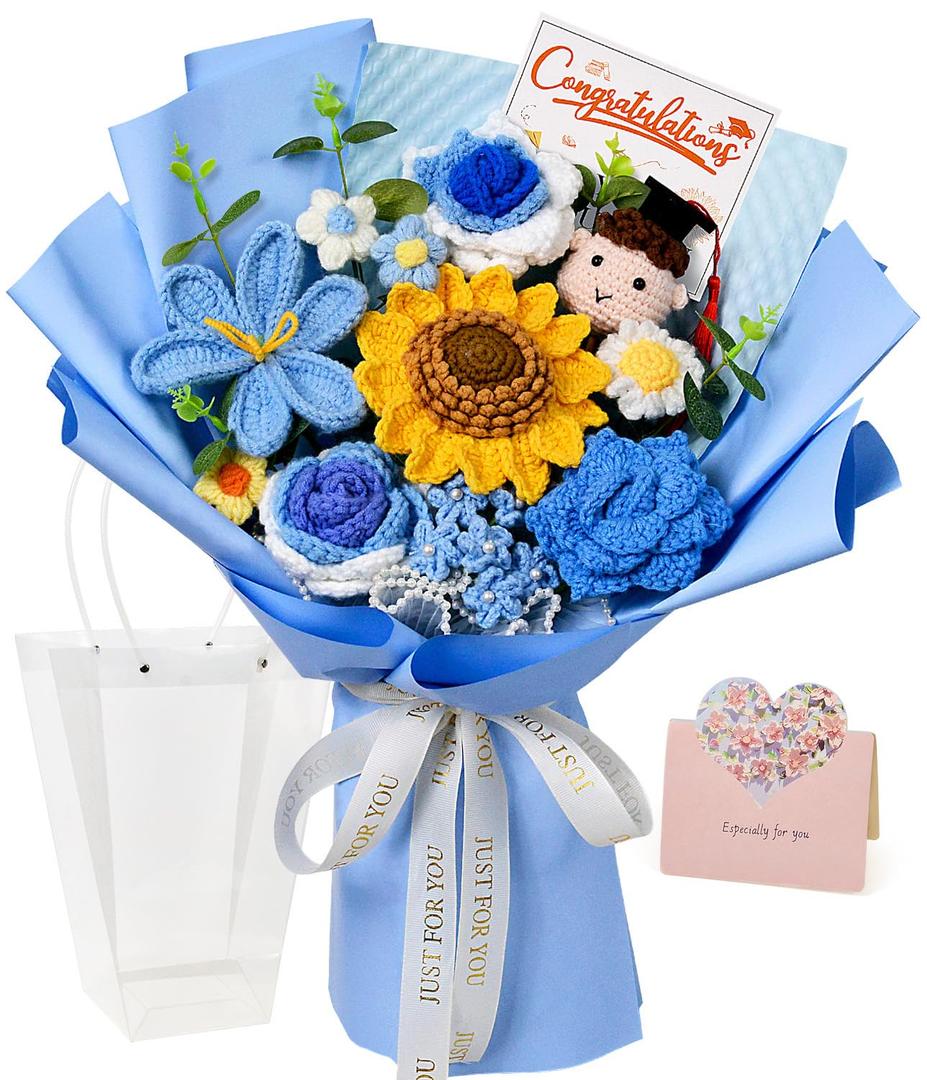 Crochet Graduation Flower Bouquet, Sunflower Rose Tulip, Blue