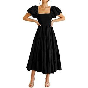 PRETTYGARDEN Women's Casual Summer Midi Dress Puffy Short Sleeve Square Neck Smocked Tiered Ruffle Dresses M