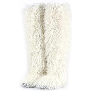 Over the Knee Boots for Women 29 inchs Faux Fur Boots Flat Thigh High Boots (10 Wide, White)