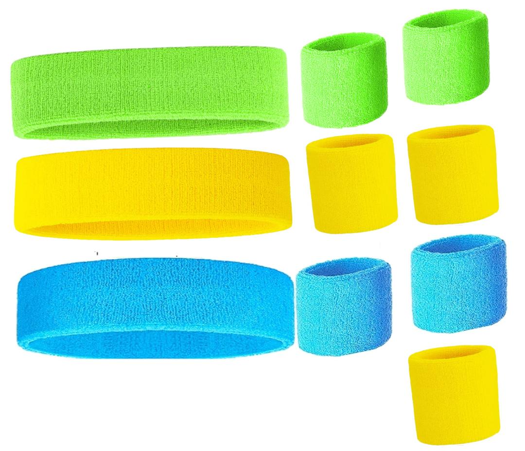 9 Pcs Sweatbands Set Neon Colors Headbands and Wristbands for Men Women Moisture Wicking Sweat Absorbing Workout Cotton Headbands 80s 90s Party
