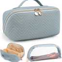 Makeup Bag Cosmetic Bag, Large Capacity Travel Makeup Bag for Women with Portable Pouch Open Flat Water-resistant Toiletry Organizer Bag with Handle(Blue with Brush Holder)