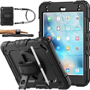 SEYMAC stock Case for iPad mini 5/4 with Screen Protector Pencil Holder [360 Rotating Hand Strap] & Stand, Drop-Proof Case for iPad mini 5th/4th Generation 7.9 inch (Black)