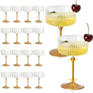 24 Pcs Detachable Martini Glasses 10oz Plastic Clear Ribbed Coupe Glasses Gold Rim Disposable With Gold Stem Vintage Cocktail Glassware Set Unique Martini Glass For Champagne Wedding Anniversary