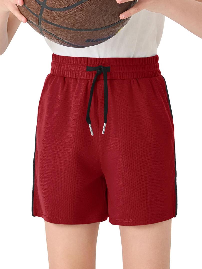 Haloumoning Boys Mesh Athletic Shorts Kids Quick Dry Side Slit Basketball Gym Shorts with Pockets 5-14 Years Wine Red
