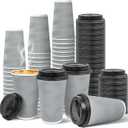 Ginkgo 100 Pack 16 oz Disposable Insulated Coffee Cups With Lids, Double-Walled Ripple To Go Paper Travel Cups for Hot Drinks - Gray