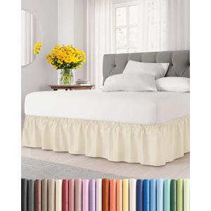 Wrap Around Dust Ruffle Bed Skirt - Off White - for Queen Size Beds w/ 15 Inch Drop - Easy Fit Elastic Strap - Adjustable Pleated Bedskirt w/Brushed Fabric - Wrinkle Free - Women, Men, Kids & Teens