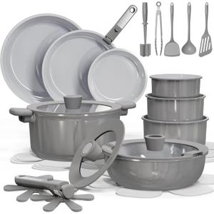 CAROTE 27pcs Ceramic Cookware Set Nonstick, Pots and Pans Set Non Stick, Non Toxic Cookware Detachable Handles, Dishwasher/Oven Safe, RV/Camping Cookware, Pan and Pot with Kitchen Utensils, Dark Gray