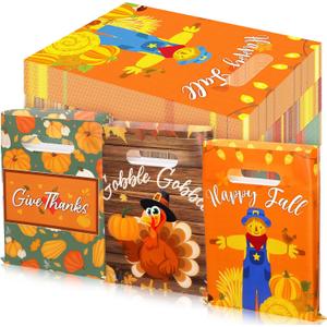 Frienda 120 Pcs Thanksgiving Gift Plastic Treat Bags Bulk Happy Thanksgiving Goodie Bags with Handle Fall Turkey Autumn Candy Snack for Holiday Party Favor Supplies