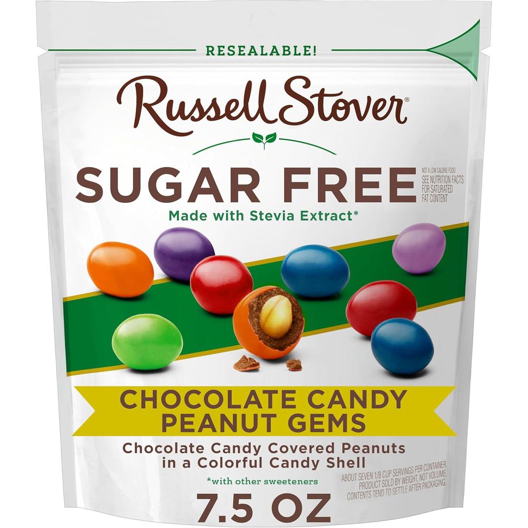 Russell Stover Sugar Free Chocolate Candy Coated Peanut Gems, 7.5 Ounce Bag (EXP 08/01/24)