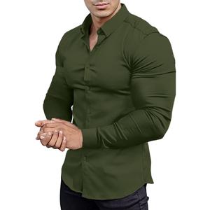 Mens Muscle Fit Dress Shirts Athletic Slim Fit Long Sleeve Stretch Casual Button Down Shirt (Small, Olive Green)