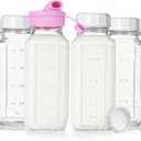 16 Oz Square Glass Milk Bottles with A Silicone Cap, 6 Pack Glass Bottles for Juicing with Airtight Lids, Drinking Bottles with Lids and Scale Mark, Breast Milk Storage Jug Easy to Carry