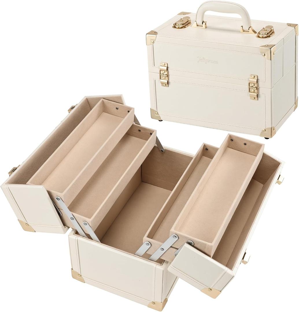 Joligrace Makeup Train Case Large Portable Cosmetic Makeup Storage Box Organizer Lockable with 4 Tray Compartments Retro Champagne Beige Vegan Leather (Long Tray Version)