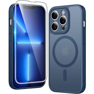 FNTCASE for iPhone 13 Pro Case: Matte Magnetic Phone Cases with Screen Protector Compatible with Magsafe Slim Anti Yellowing Rugged Shockproof Protective Translucent Cell Phone Cover (C-Blue)