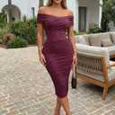 Women's Convertible Off Shoulder Neckline Special Occasion Party Ruched Bodycon Mesh Dress with Built-in Bra (Purple, L)