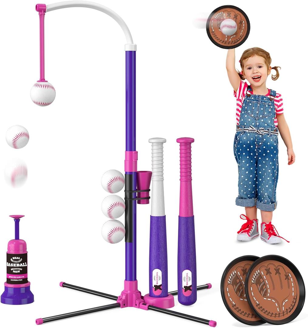 HYES 4 in 1 T Ball Sets for Kids 3-5 with Toss and Catch Ball Set, Hanging Tee Stand with Auto Pitching Machine/ 2 Bats, Indoor Outdoor Toys Baseball Gifts for Toddler Boys Girls, Purple