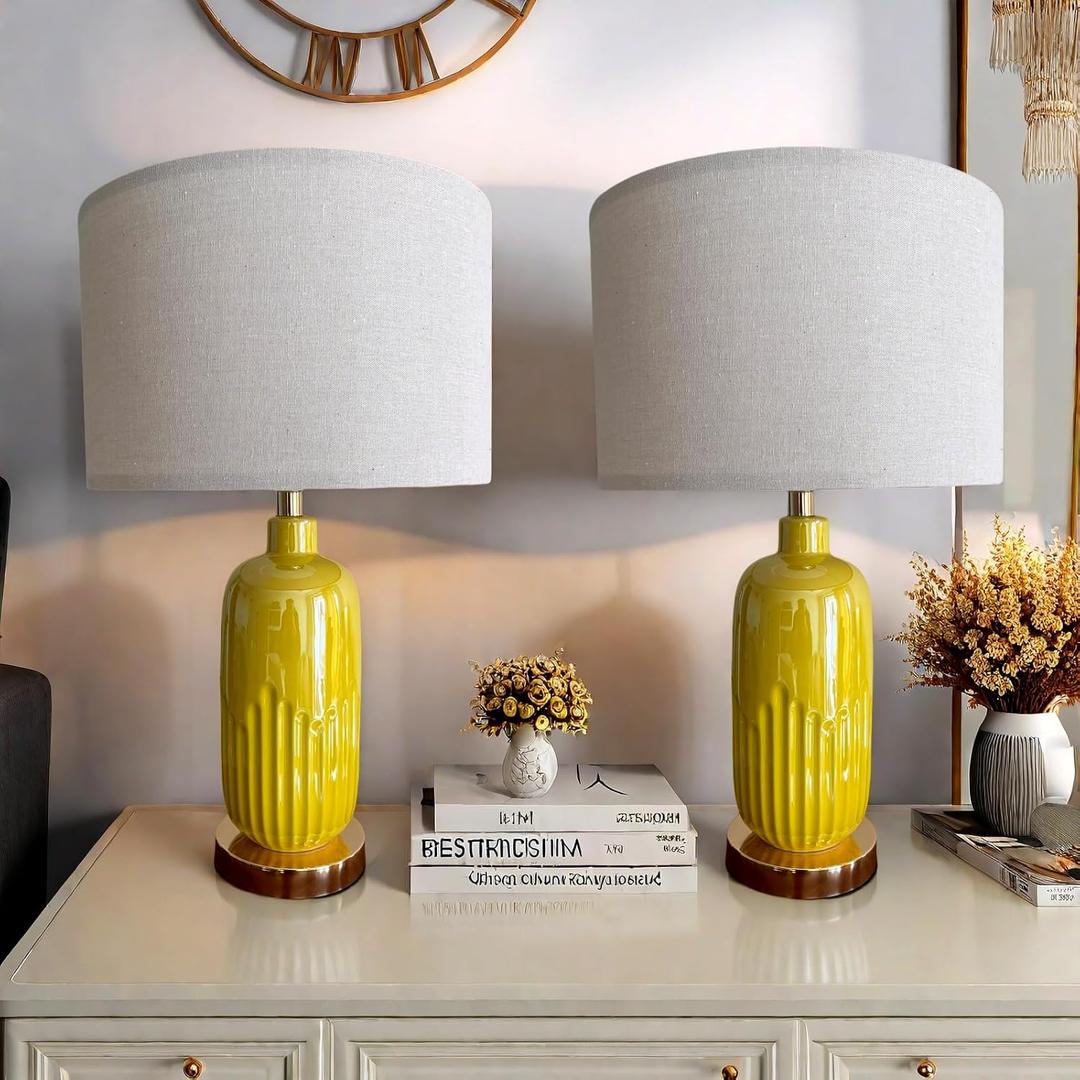 Ceramic Table Lamps, Set of 2 Modern Table Lamps for Bedroom Living Room Bedside Tables, Farmhouse Style with Linen Lampshades(Yellow)