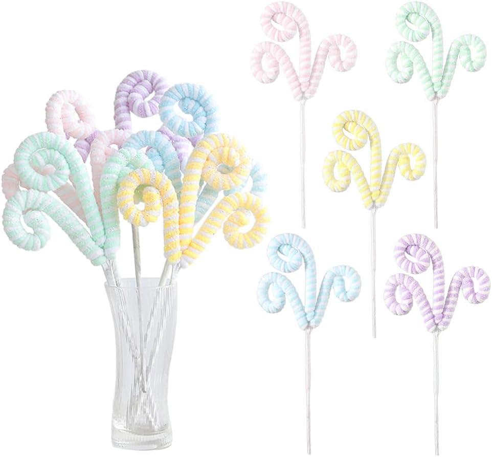 5Pcs/Set Macaron Color Christmas Tree Picks Pastel Candy Shape Christmas Tree Topper 14.5 Christmas Curly Picks with Gitter Sequins Ornaments for Home Xmas Tree Vase Garland Holiday Party Decor