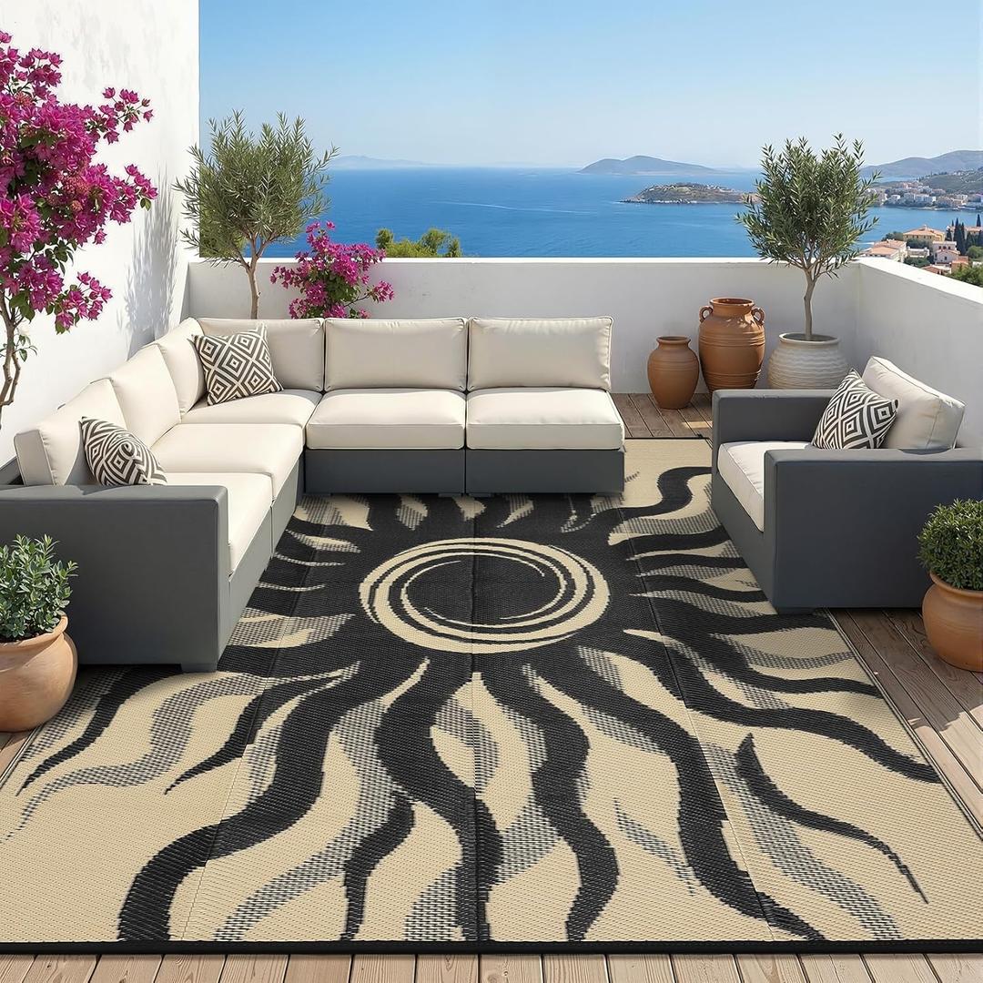 Garvee Outdoor Rug 6x9 Waterproof Patio Rugs with Boho Sun Pattern, Reversible Plastic Straw Camping Rugs Outdoor Indoor RV Mat Carpet for Deck, Backyard, Picnic, Porch, Balcony, Beach, Black