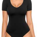 MANGOPOP Double Lined Short Sleeve Bodysuits for Women V Neck Thong Body Suit Stretchy Lightweight Bodysuit Tops (3X-Large)