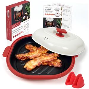 Microwave Grill Pan with Cover, Microwave Cookware Multi-Use for Grilling, Frying, Browning and Crisping, Microwave Bacon Cooker, Omelette Maker, Omelette Pan, Quesadilla Maker, Easy to Clean (Red) (Medium)