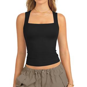 ATHMILE Tank Tops for Women Square Neck Sleeveless Double-Layer Tank Tops Basic Tight T Shirts L
