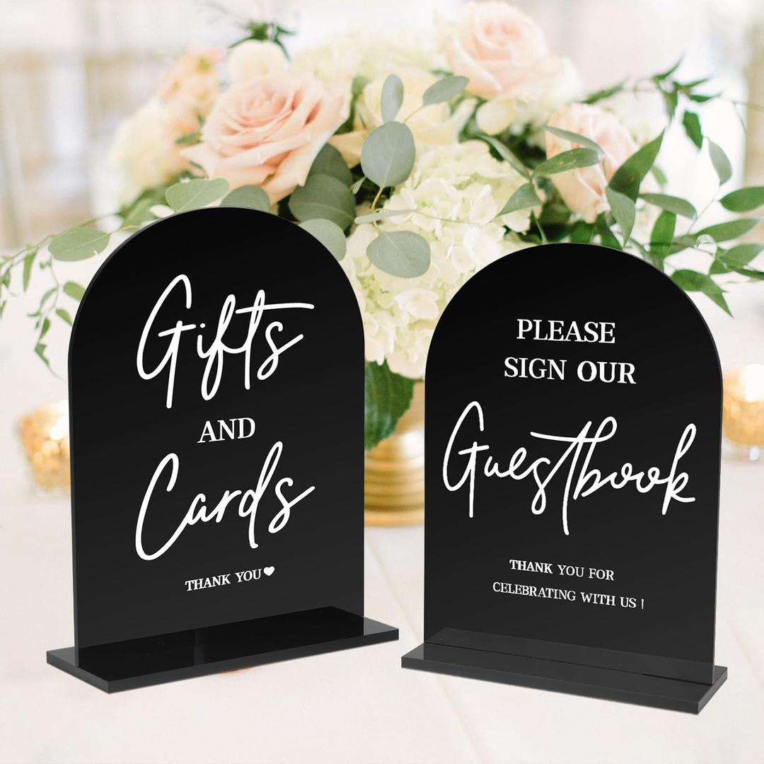 KOSKIMER 2Pcs Wedding Signs for Ceremony and Reception, 5"x7" Black Acrylic Wedding Signs, Modern Guest Book Sign with Stand, Cards and Gifts Sign (Set of 2)