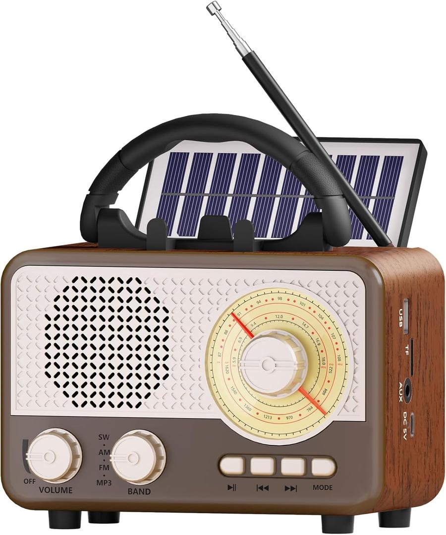 Radio Portable AM FM SW Bluetooth Speaker Vintage Radios with Phone Stand TF Card/AUX/USB Small Retro Radio Battery Powered & Solar for Outdoor Old Vintage Decor Birthday Gifts for Women,Men,Dad, Brown