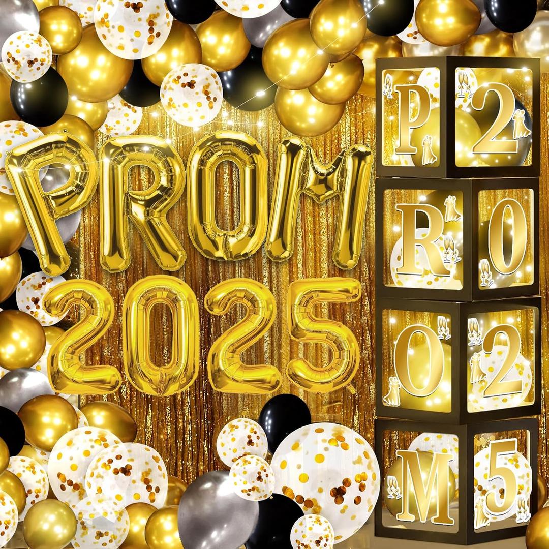 100Pcs Prom 2025 Balloon Boxes Decorations with LED Lights Black and Gold Prom Decorations for Party 2025 Graduation Party Supplies