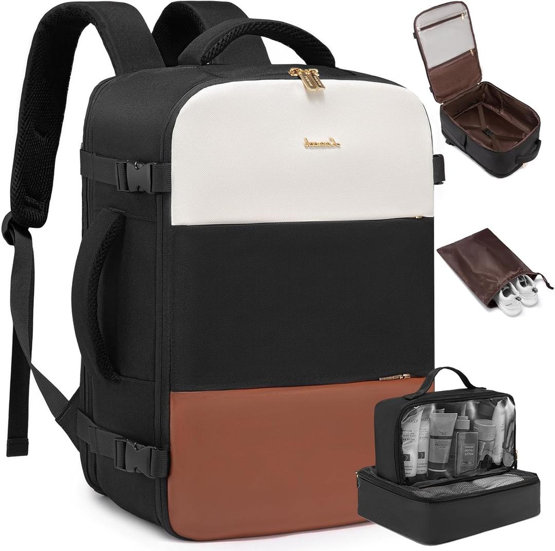 LOVEVOOK Travel Backpack for Women, Carry On Backpack Flight Approved with 3 Packing Cubes,TSA Personal Item Travel Bag Fits 15.6 Laptop,Weekender Hiking Business Luggage Daypack Beige Black Brown (Large-4PCS, Beige-black-brown)