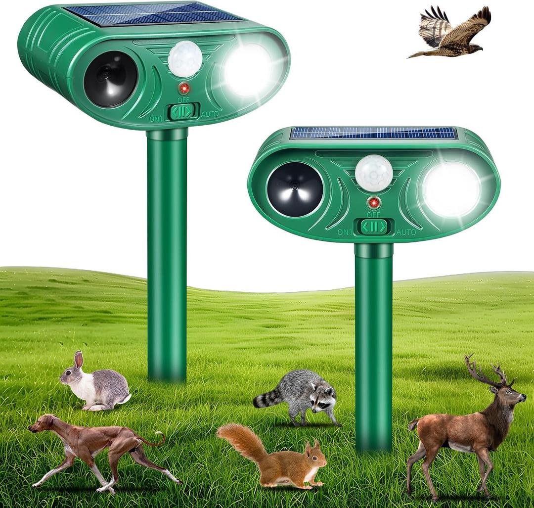 2026 Upgraded Solar Animal Repellent Ultrasonic Outdoor 2 Pack, IP65 Waterproof Deer Deterrent & Cat Repellent with Motion Sensor Strobe Light, Raccoon Rabbit Squirrel Repeller to Protect Yard Garden