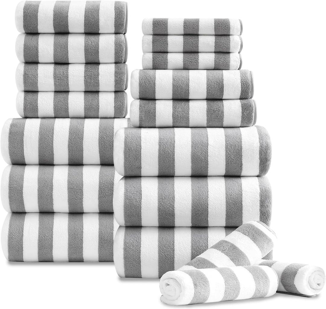 Oliven 18 Pcs Light Gray Cabana Stripe Family Towels Set-6 Bath Sheets,6 Hand Towels,6 Washcloths Soft Jumbo Bathroom Towels Absorbent Shower Towel Quick Dry Beach Chair Towel Spa Gym Hotel Towel Set