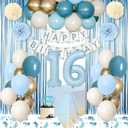 Sweet 16 Party Decorations, Light Blue 16th Birthday Decorations for Girls Boy 16th Happy Birthday Banner Tablecloth Fringe Curtain Cake Topper Paper Pom Poms for Girl Boys Sweet 16 Birthday Decor