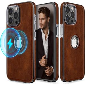LOHASIC Compatible with MagSafe for iPhone 15 Pro Max Case, Leather Logo View Protective Shockproof Luxury Business Anti-Scratch Magnetic Phone Cases Men Cover 6.7" 2023 - Brown