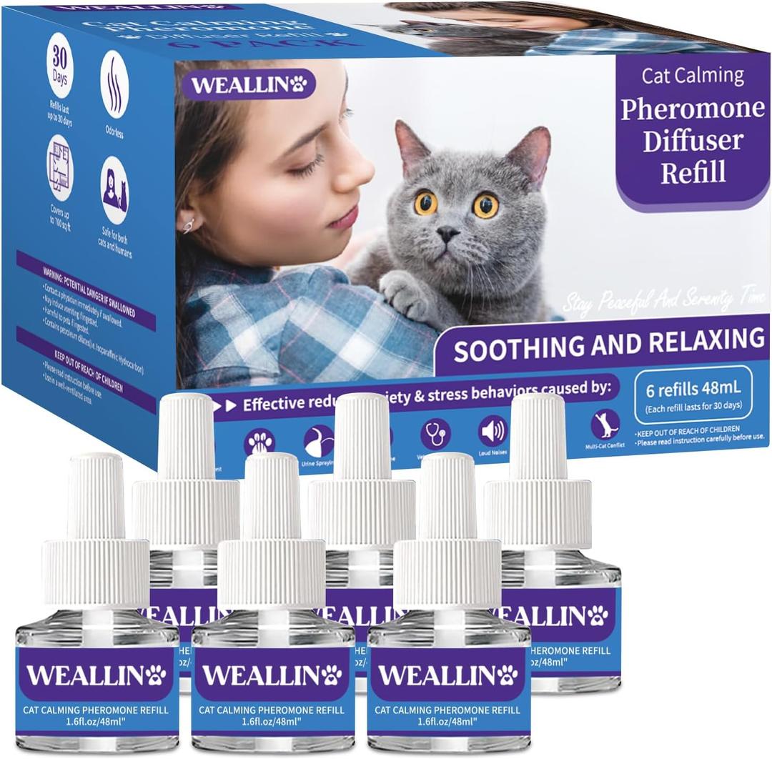 WEALLIN 6 Pack Cat Calming Diffuser Refills - Cat Pheromones Calming Diffuser Refill Relieve Anxiety & Stress 6 Month Supply, Cat Pheromone Diffuser Refills (Fits All Common Diffuser Heads)