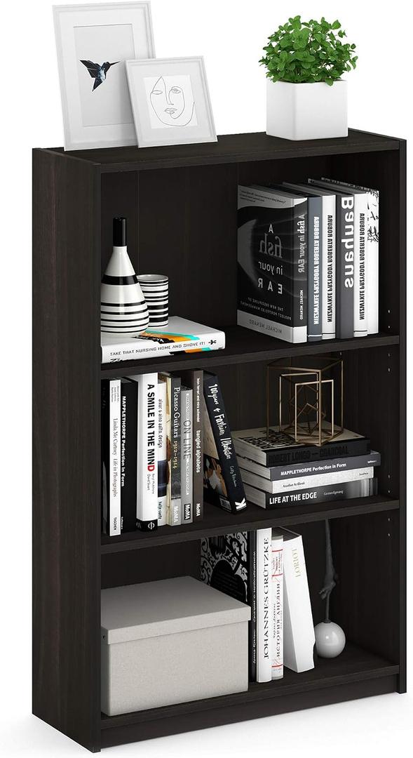 Furinno JAYA Book Shelf, 3-Tier Bookshelf, Bookcase with Adjustable Shelves, 9.5 x 24.5 x 40.3, for Organization and Storage, for Living Room, Bedroom, Home Office, Espresso