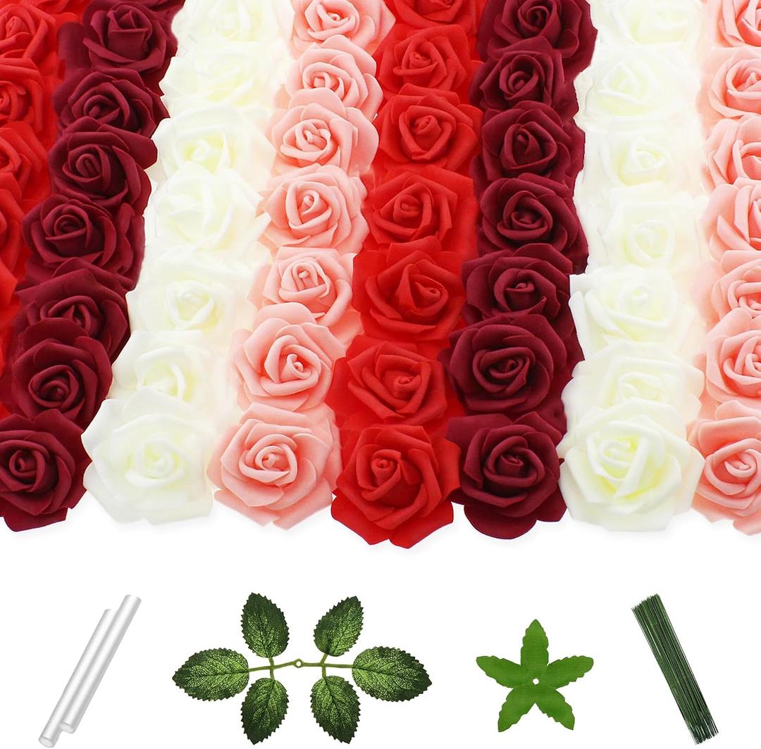 100 Pcs 2 Inch Artificial Flowers Faux Foam Fake Rose Head Bulk for Home Decor Wedding Decoration Bridal Shower Wall Table Centerpiece Arrangement DIY Craft (4 Shades of Red Ivory)