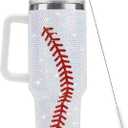 Joyclub 40 Oz Baseball Tumbler with Handle and Straw Rhinestone Bling Double Wall Vacuum Insulated Cup Travel Mug Baseball Gifts for Women's Day Easter Mother's Day Birthday