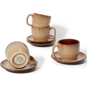 Pokini Stoneware Coffee Cups with Saucers, 6 Oz Cappuccino Cups Set of 4, Microwave & Dishwasher Safe, Perfect For Tea, Espresso, Latte, Ceramic Mugs for Kitchen or Cafe, Brown Yellow