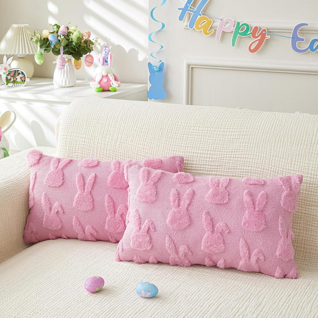 Easter Throw Pillow Covers 12x20 inch Set of 2 for Easter Decorations Pink Bunny Rabbit Soft Plush Faux Fur Wool Pillow Covers for Sofa Living Room Couch Bed