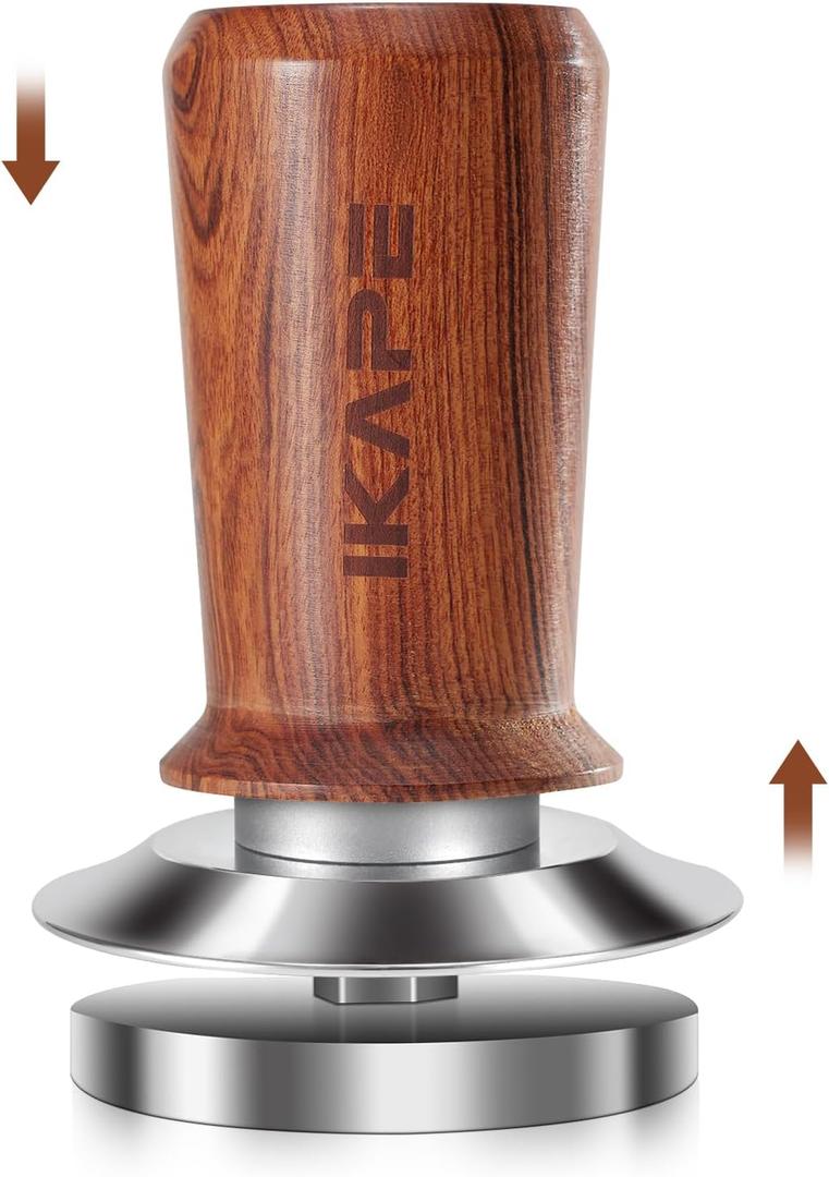 IKAPE 51mm Espresso Coffee Tamper, Spring-loaded Calibrated Tamper with Premium Stainless Steel, Walnut Wooden-Handle Tamper Compatible with All 51mm Espresso Machine Bottomless Portafilter (Red)