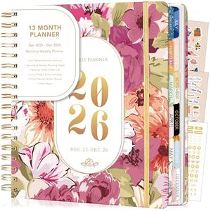 CAGIE 2026 Planner Weekly and Monthly Dec 2025-Dec 2026 Hardcover Calendar Planners with Stickers& Month Tabs for Women Spiral Bound 26 Yearly Agenda, 8.3"x9.1", Pink Floral