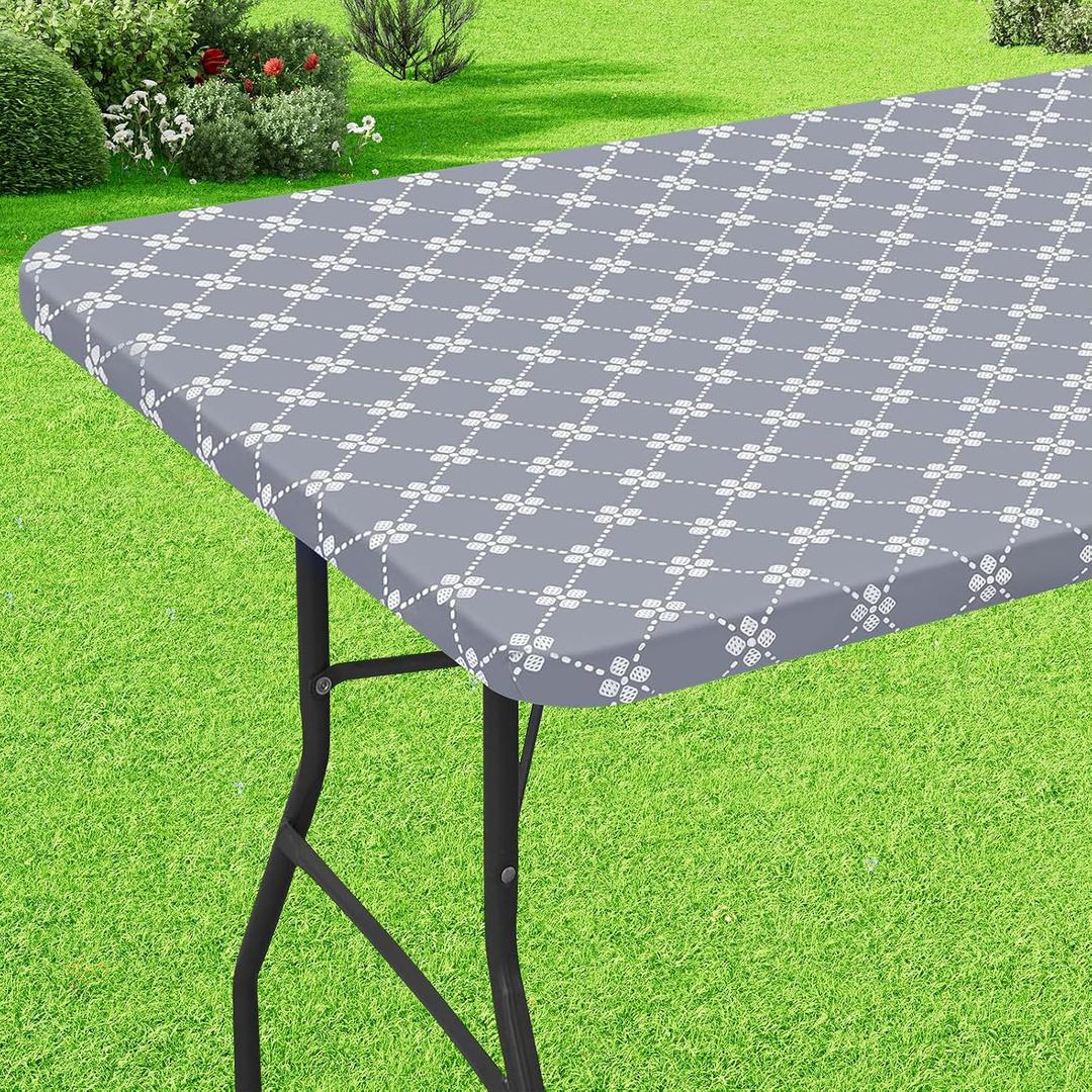misaya Rectangle Vinyl Table Cloth, Elastic Fitted Tablecloth with Flannel Backing, Waterproof Plastic Table Cover Fits 4 Foot Folding Tables for Picnic, Camping, Indoor and Outdoor (Grey, 30" x 48")