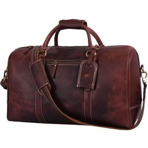 Aaron Leather Duffle Bag for Men & Women, 30L Travel Overnight Weekender Garment Duffel Bags, Carry On Mens Weekend Bag for Business, Traveling, Luggage Bag - Walnut
