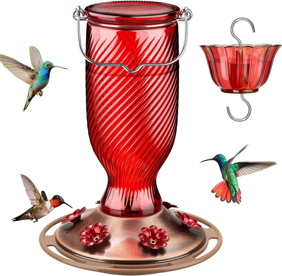 Kingsyard Glass Hummingbird Feeders for Outdoors, 24 oz Hummingbird Nectar Feeder for Garden Decorations with 6 Feeding Ports, Ant Moat Included, Gifts for Women Mom, Easy to Clean & Refill, Red