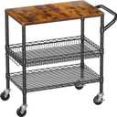 WDT 3 Tier Rolling Carts with Wheels, Heavy Duty Rolling Utility Cart with Wood Tabletop, Commercial Grade Metal Cart with Handle and Hooks, NSF Storage Serving Carts for Kitchen Island, Wood+Metal
