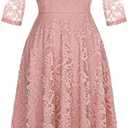 Dressystar Womens Long-Sleeve Wedding Guest Dress A-Line Lace Formal Party Cocktail Midi Dress Prom Gown Size L